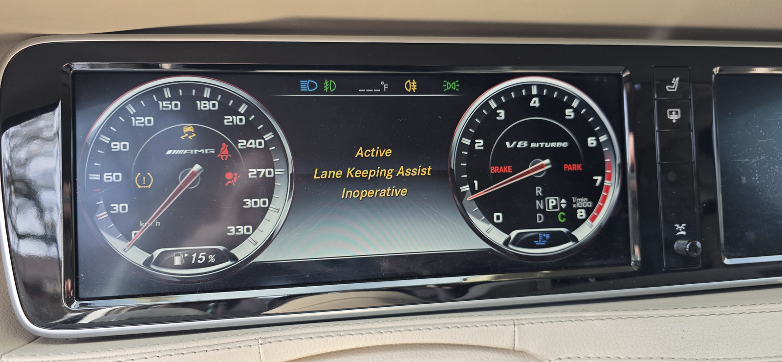 S63 AMG V8 Biturbo dashboard with warning lights